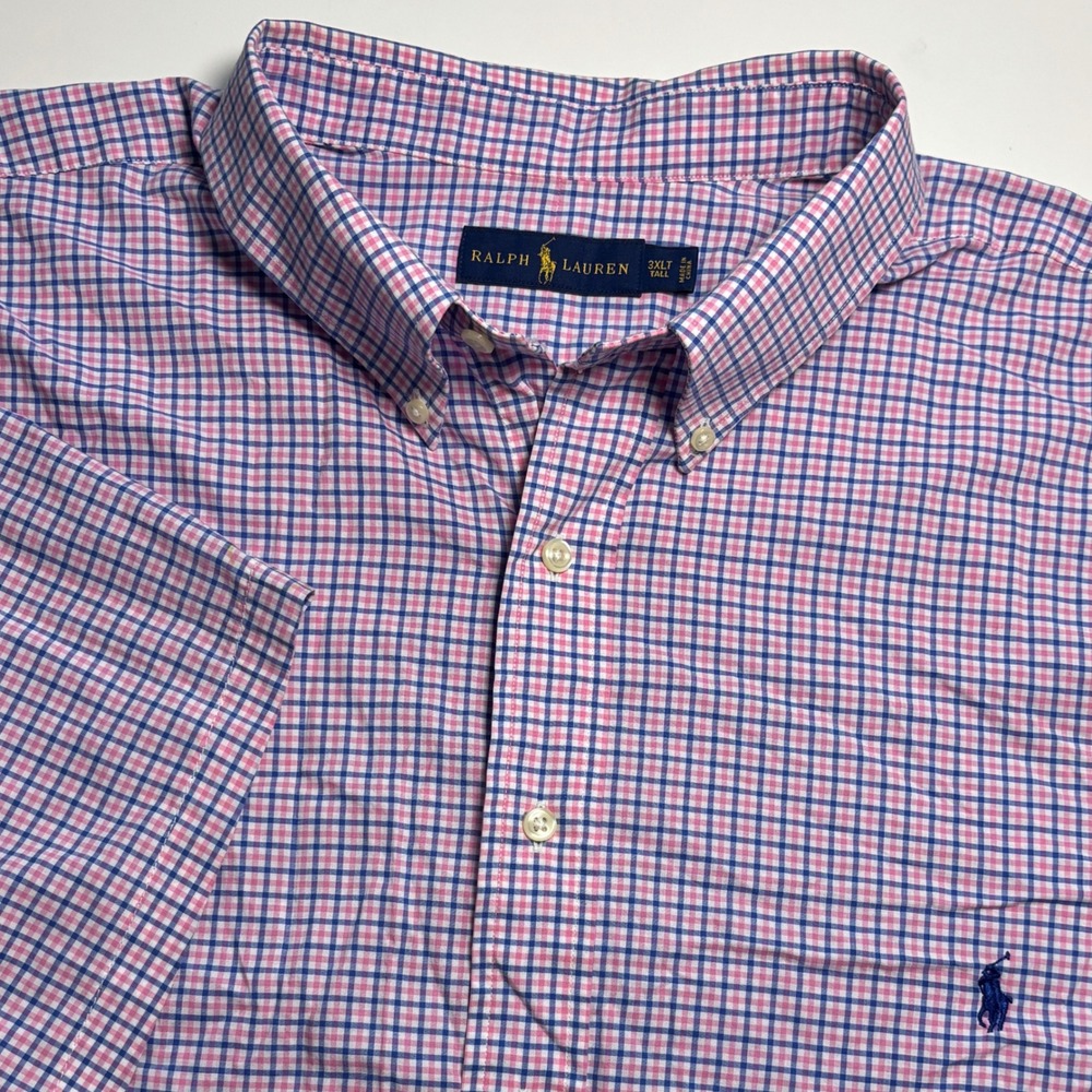 Ralph Lauren Gingham Check‎ Men 3XLT Tall Button Down Short Sleeve Shirt Pink